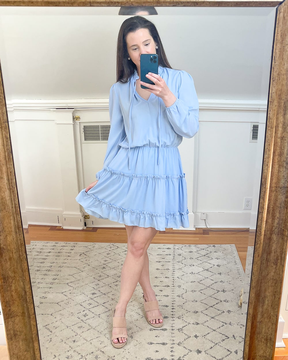 Amazon blue ruffle mini dress worn by affordable fashion blogger Stephanie Ziajka on Diary of a Debutante