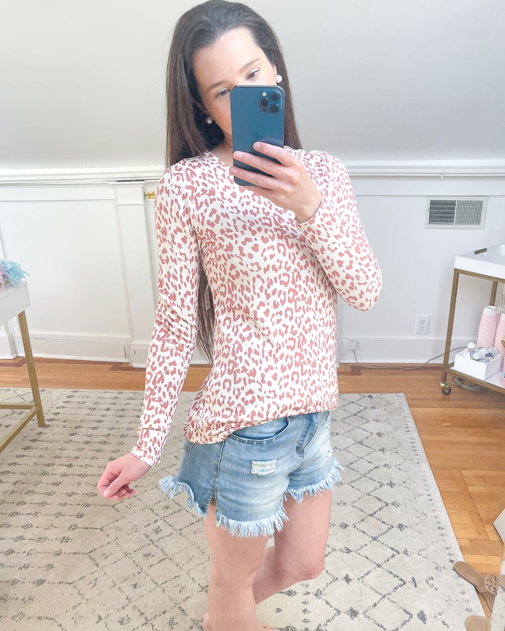 Blogger Stephanie Ziajka shares a detail shot of her leopard print Amazon Daily Ritual long sleeve terry top on Diary of a Debutante
