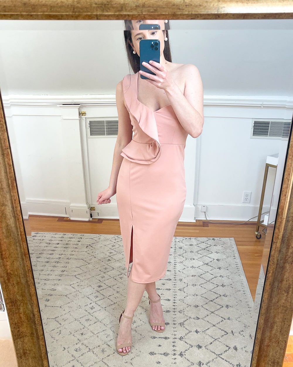 Amazon pink ruffle midi dress worn by affordable fashion blogger Stephanie Ziajka on Diary of a Debutante