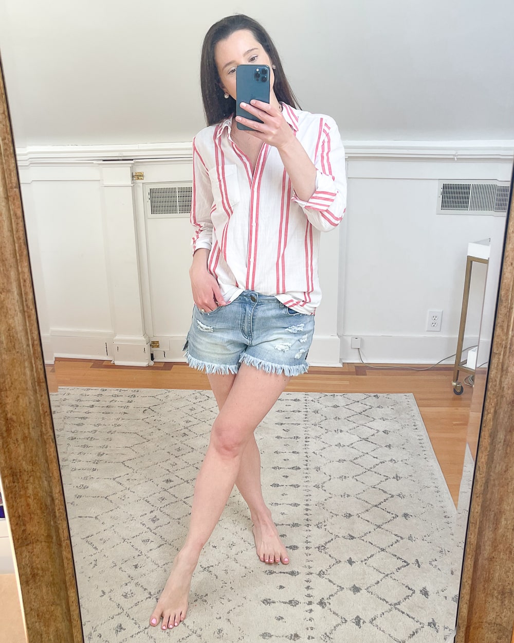 Amazon Goodthreads white striped button down worn by affordable fashion blogger Stephanie Ziajka on Diary of a Debutante