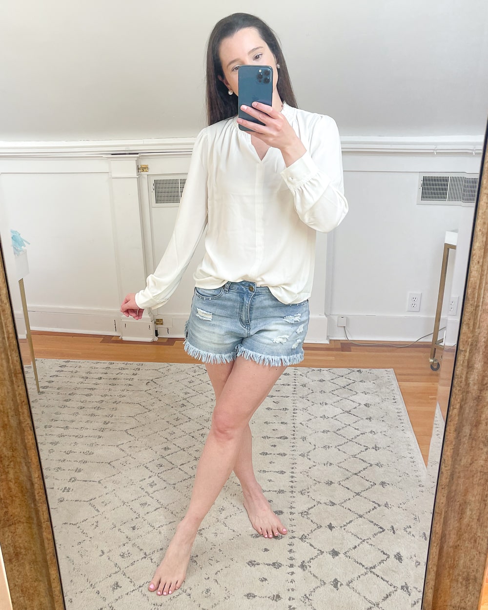 White Amazon Lark & Ro long sleeve split mock-neck top worn by affordable fashion blogger Stephanie Ziajka on Diary of a Debutante