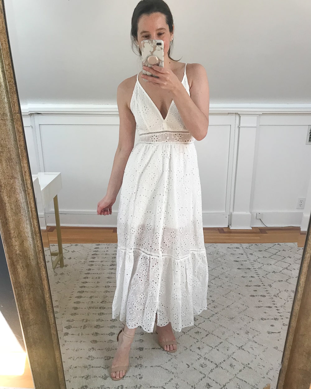 Affordable white lace maxi dress tried on by affordable fashion blogger Stephanie Ziajka on Diary of a Debutante