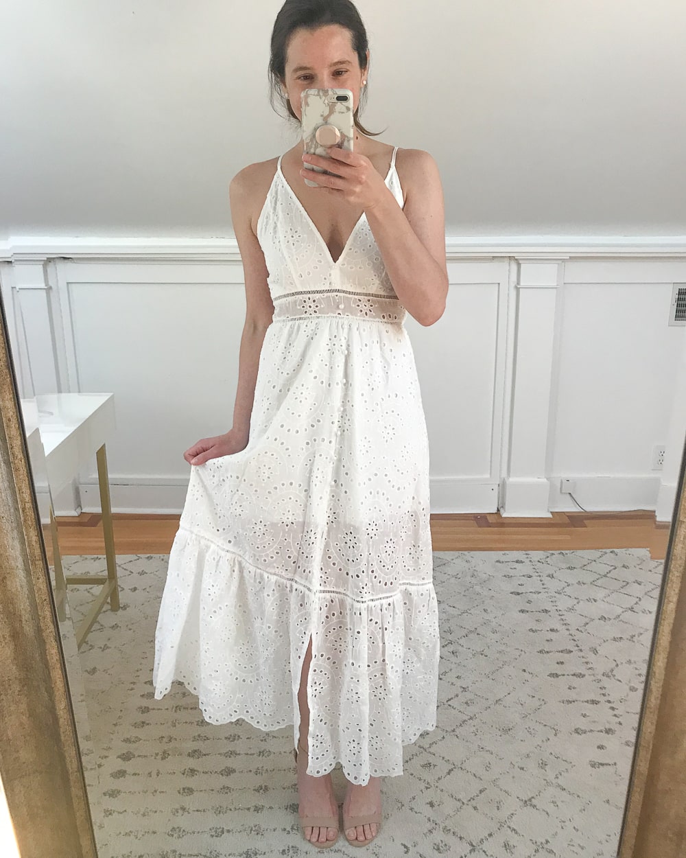 Affordable fashion blogger Stephanie Ziajka tries on an Amazon BerryGo Women's Embroidery Pearl Button Down Dress V Neck Spaghetti Strap Maxi Dress as part of her 4th of July Amazon try-on haul on Diary of a Debutante
