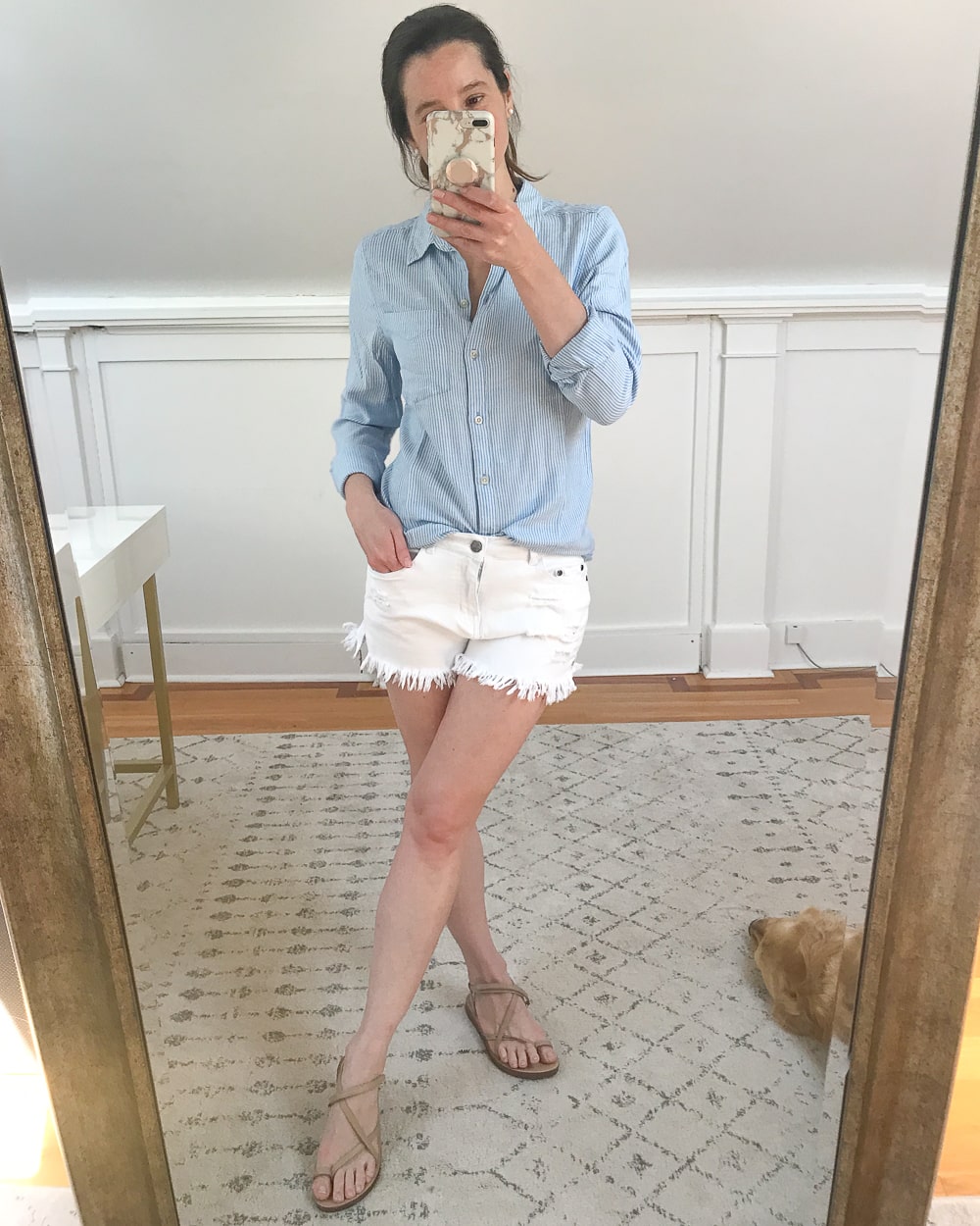 Amazon light blue striped tunic tried on during affordable fashion blogger Stephanie Ziajka's Amazon 4th of July fashion haul on Diary of a Debutante