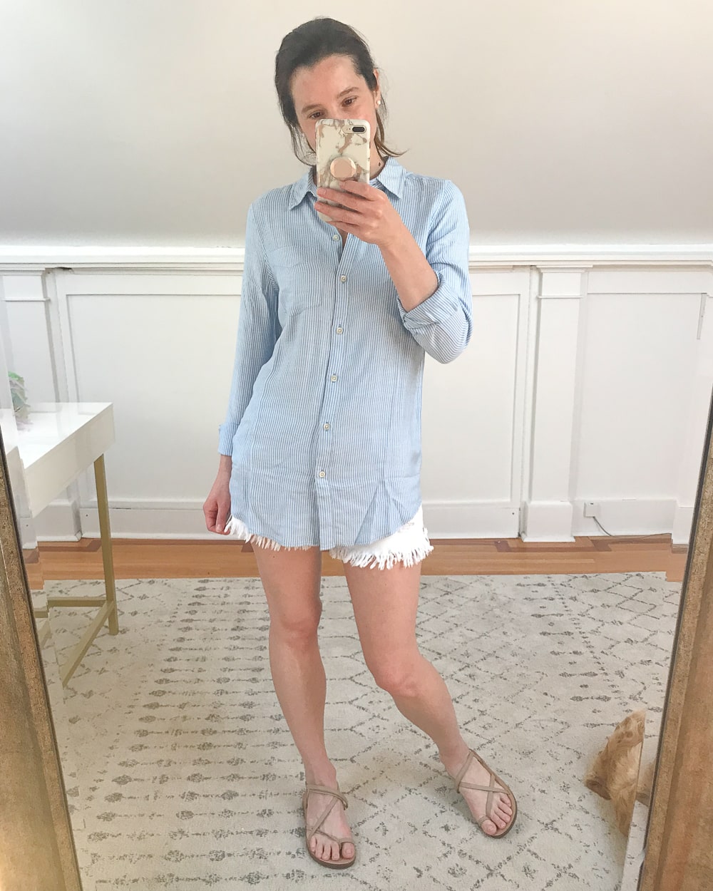 Affordable fashion blogger Stephanie Ziajka tries on an Amazon Long-Sleeve Button-Front Tunic as part of her 4th of July try on on Diary of a Debutante