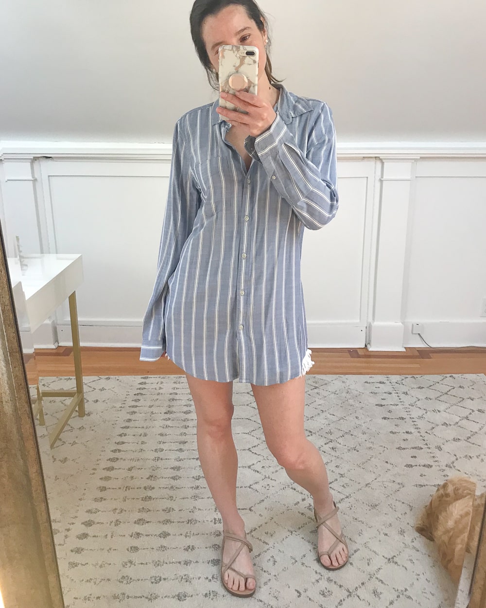 Chambray striped Daily Ritual tunic tried on by affordable fashion blogger Stephanie Ziajka on Diary of a Debutante