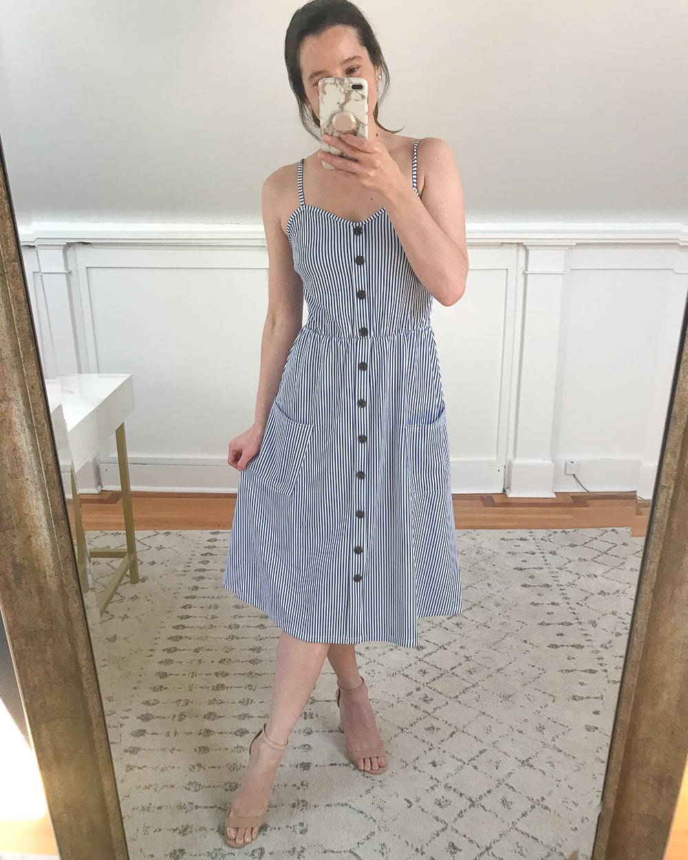 Affordable fashion blogger Stephanie Ziajka tries on an Amazon blue striped midi dress on Diary of a Debutante