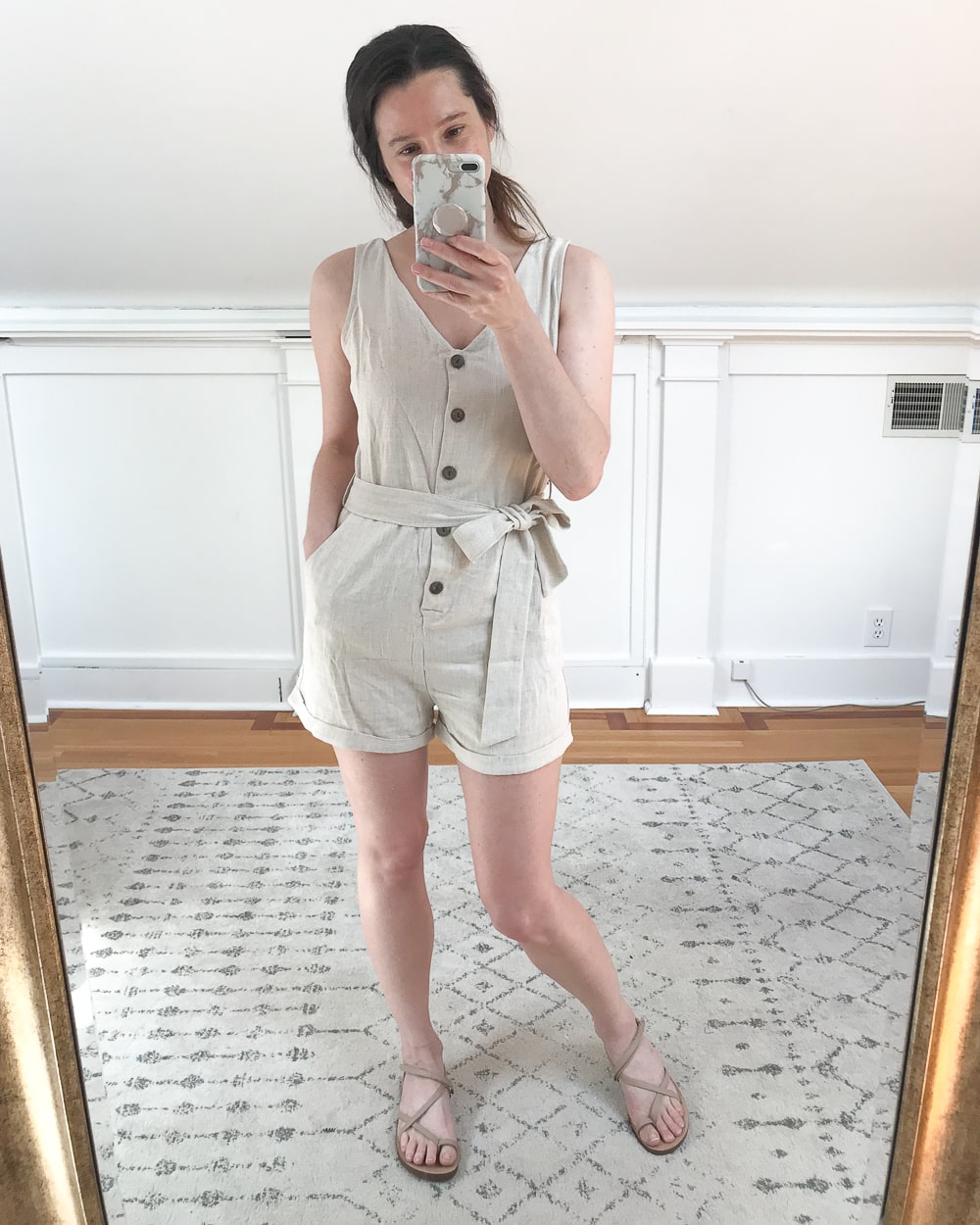 Affordable fashion blogger Stephanie Ziajka tries on a v-neck button down romper as part of her June Amazon Fashion Haul for 2021 on Diary of a Debutante