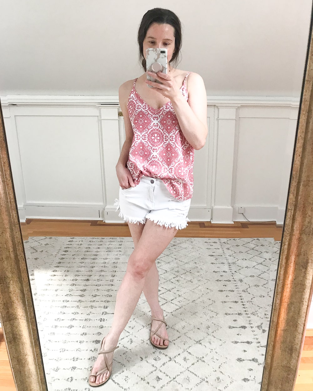 Affordable fashion blogger Stephanie Ziajka tries on an Amazon pink v-neck tank top and Amazon strappy footbed sandals on Diary of a Debutante