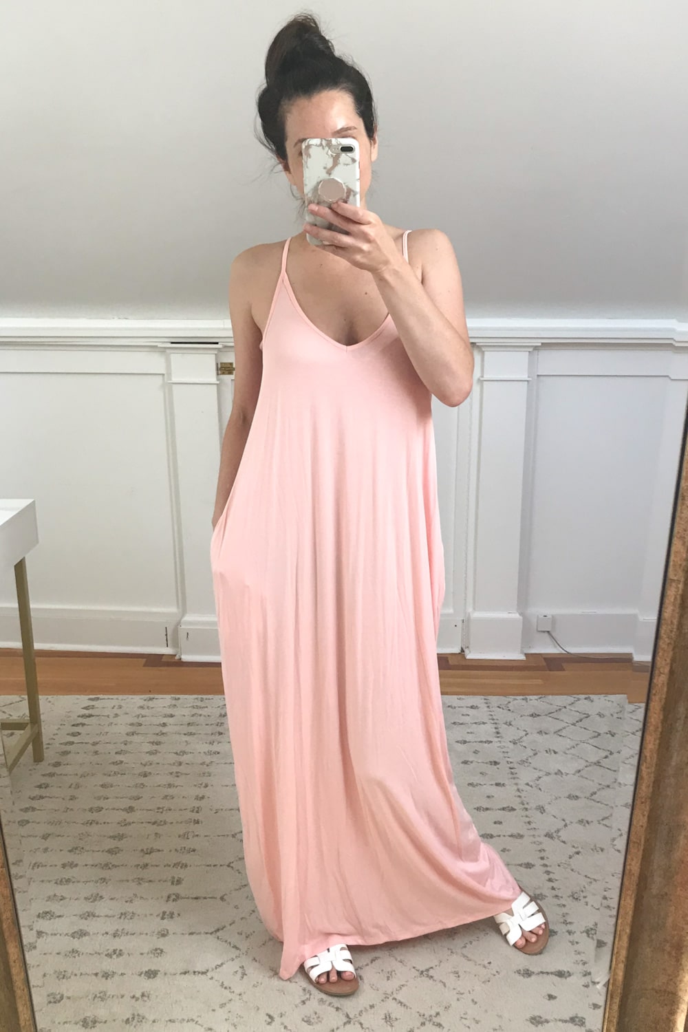 Amazon pink spaghetti strap maxi dress tried on by affordable fashion blogger Stephanie Ziajka on Diary of a Debutante