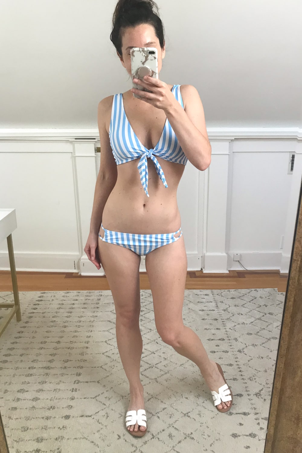 Amazon blue cabana striped bikini set tried on by affordable fashion blogger Stephanie Ziajka on Diary of a Debutante
