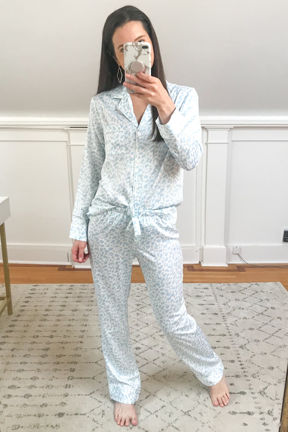 Amazon Serenedelicacy blue leopard print silk pajama set tried on by affordable fashion blogger Stephanie Ziajka on Diary of a Debutante