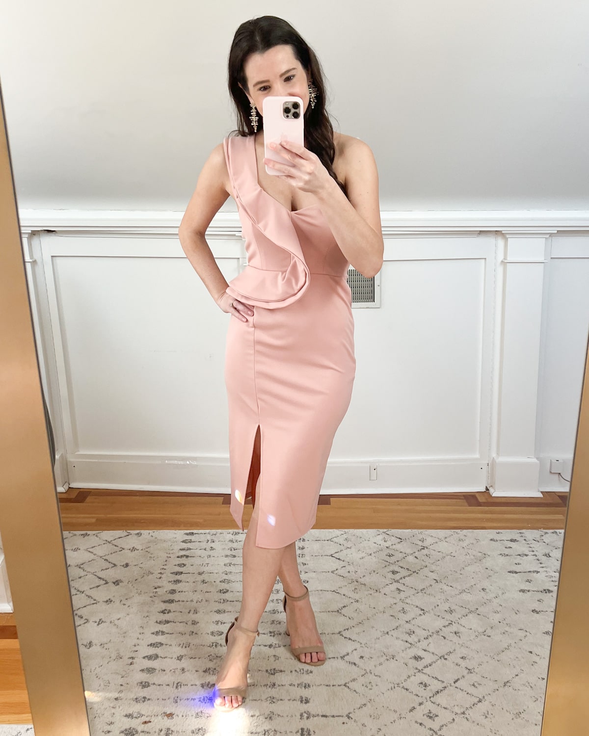 Pink Amazon cocktail dress for Christmas party styled with Kendra Scott Madelyn statement earrings and tan block heel sandals by affordable fashion blogger Stephanie Ziajka on Diary of a Debutante