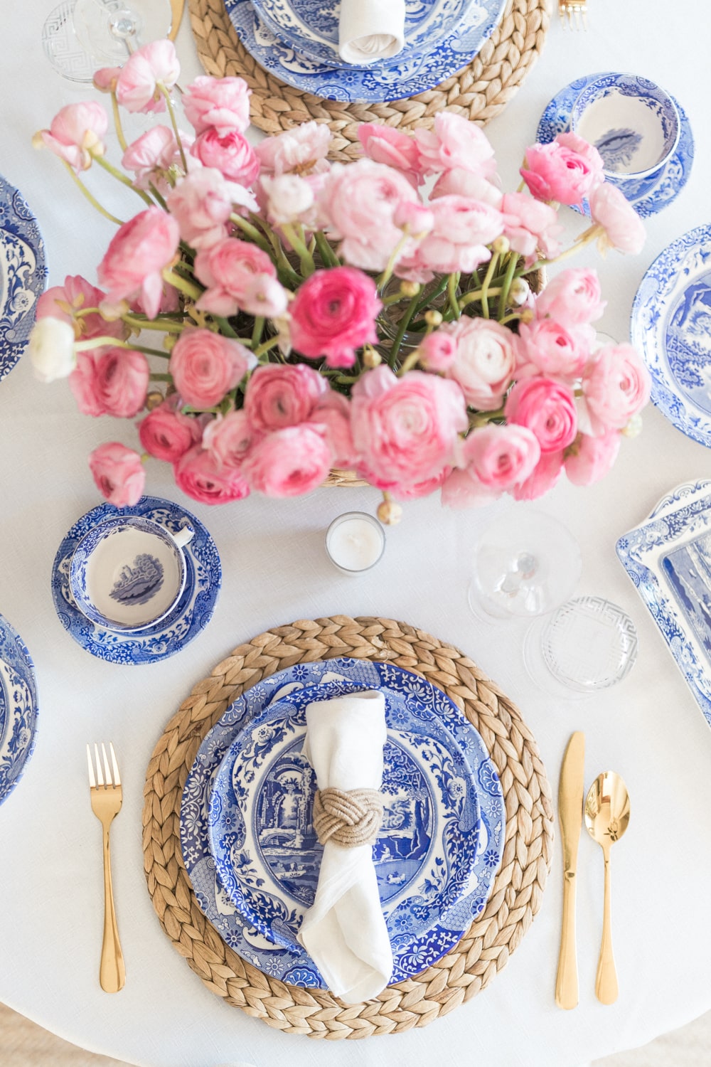 Blue and white romantic table setting for two at home designed by blogger Stephanie Ziajka on Diary of a Debutante
