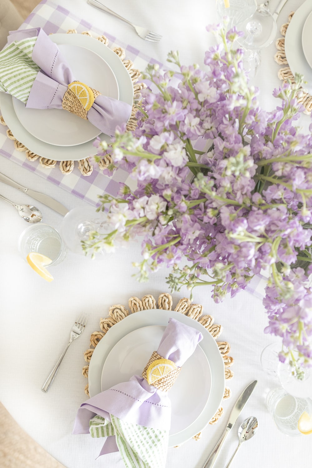Lavender table decor styled in a simple Mothers Day tablescape by blogger Stephanie Ziajka on Diary of a Debutante