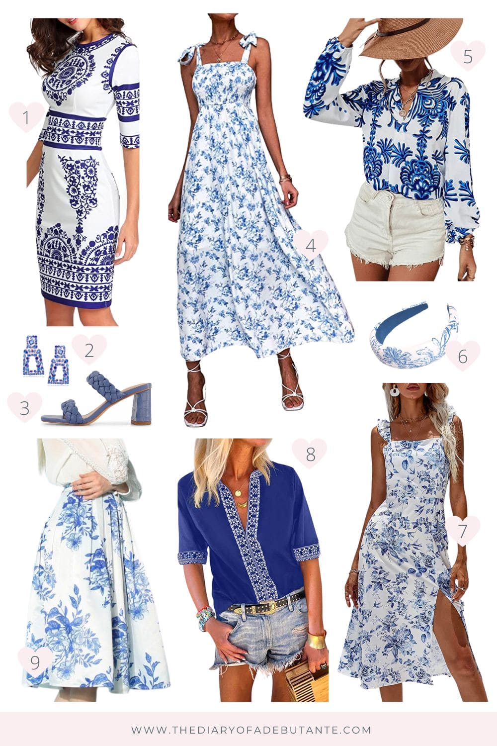 Affordable fashion blogger Stephanie Ziajka rounds up 9 of her favorite blue and white dresses and Chinoiserie style finds from Amazon under $50 on Diary of a Debutante